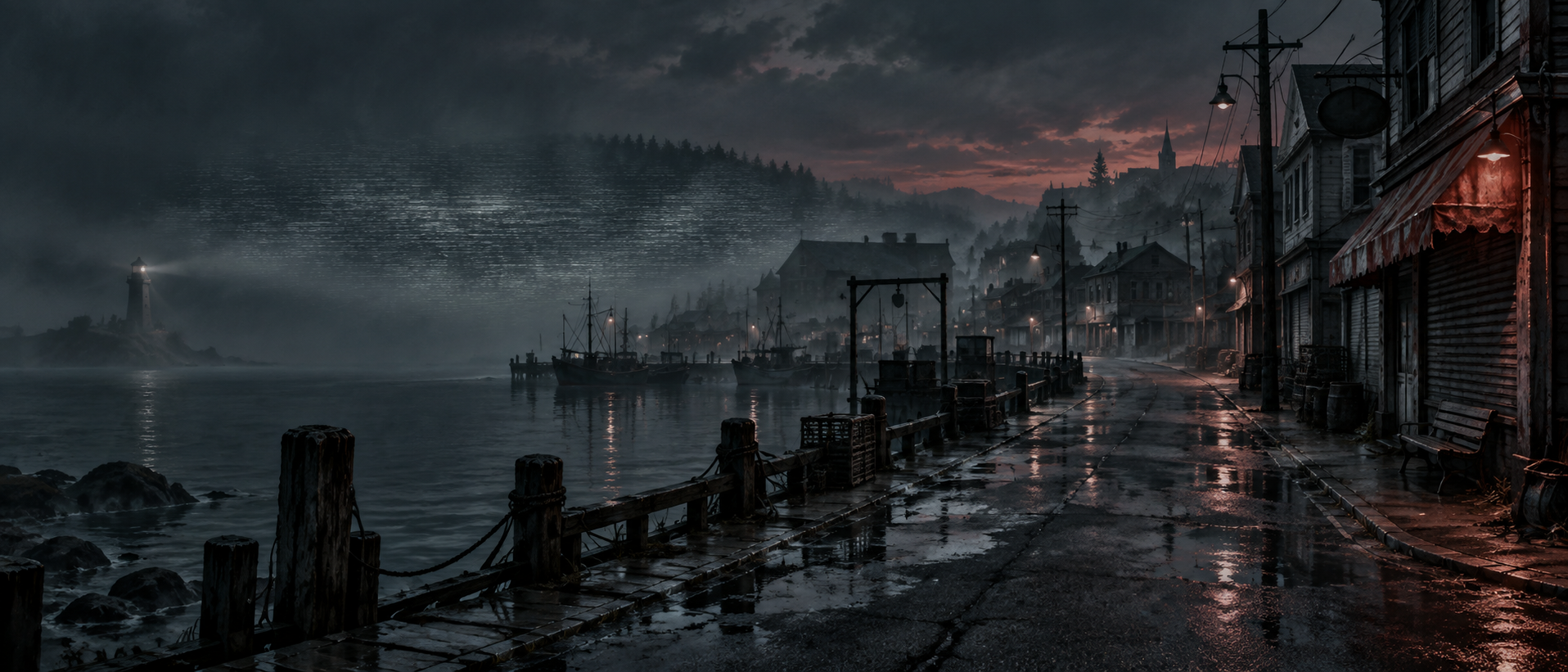 Original illustration of a foggy harbor at dusk